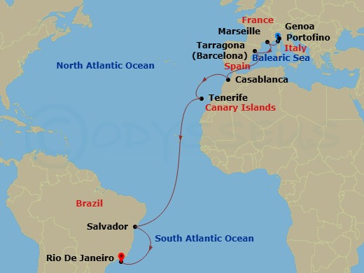 MSC Musica - 15 Night - Msc Grand Voyages - MSC Musica - Starting in Genoa (Portofino), Italy, Marseille (Provence), France, Tarragona, Spain, Casablanca (Marrakesh), Moro.. itinerary map