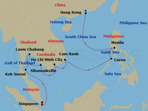 14 Night - Fairytale Holiday - Oceania Riviera - Starting in Hong Kong, Manila, Coron, Cam Ranh, Ho Chi Minh City (Phu My), Sihanoukville, Bangkok (Laem Chabang), Ko Samui, Singapore itinerary map