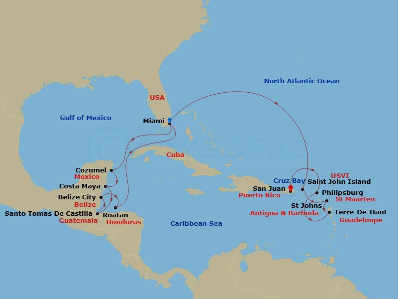 EXPLORA I - 15 Night - An Extended Journey of Cultural Treasures & Seaside Harmony - EXPLORA I - Starting in Miami, Cozumel, Mexico, Costa Maya, Mexico, Santo Tomas, Beli.. itinerary map