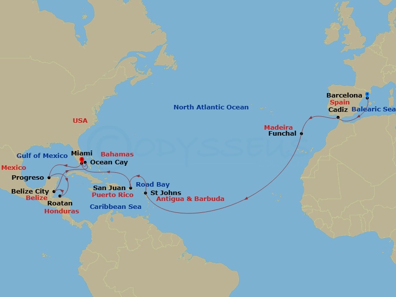 EXPLORA I - 24 Night - A Grand Journey of Vibrant Cultures, Mayan Marvels & Idyllic Beaches - EXPLORA I - Starting in Barcelona, Cadiz, Funchal (Madeira), St Johns AG, An.. itinerary map