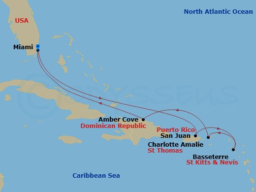 8 Night - Mia - MSC Meraviglia - Starting in Miami, Florida, San Juan, Puerto Rico, Basseterre, Sao Cristovao, Nevis, Charlotte Amalie (St Thomas) Virgin Islands, Amber Cove, Dominican Republic, Miami, Florida itinerary map