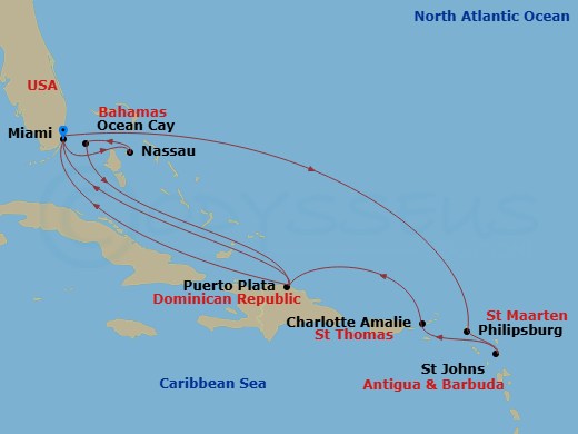 14 Night - Caribbean and Antilles - MSC Meraviglia - Starting in Miami, Florida, Philipsburg, Saint Martin, St Johns AG, Antigua, Charlotte Amalie (St Thomas) Virgin Islands, Puerto Plata, Dominican Republic, Miami, Florida, Nassau, Bahamas, Ocean Cay Msc Marine Reserve, Bahamas, Puerto Plata, Dominican Republic, Miami, Florida itinerary map