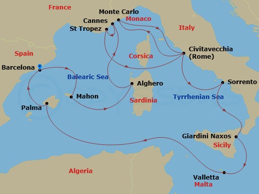 EXPLORA I - 19 Night - An Extended Journey from Riviera Icons to Grand Prix Glamour - EXPLORA I - Starting in Barcelona, Mahon (Menorca), Alghero (Sardinia), Cannes, Sain.. itinerary map