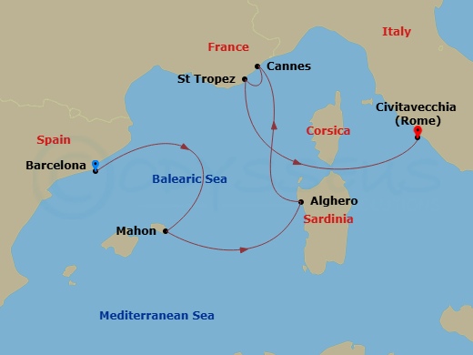 EXPLORA I - 6 Night - A Journey from Catalan Colours to Roman Grandeur - EXPLORA I - Starting in Barcelona, Mahon (Menorca), Alghero (Sardinia), Cannes, Saint-Tropez, Civ.. itinerary map