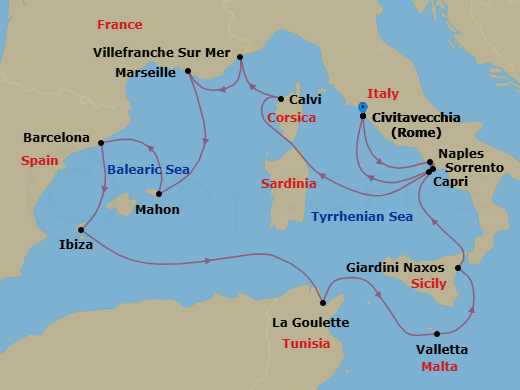 14 Night - An Extended Journey of Spectacular Serenity, Mountain Views & Mythical Spirit - EXPLORA I - Starting in Civitavecchia (Rome), Port of Naples, Capri, Calvi (Corsica), Villefranche-Sur-Mer (Nice), Marseille, Mahon (Menorca), Barcelona, Ibiza, Tunis / La Goulette, La Valletta, Giardini Naxos, Sorrento, Civitavecchia (Rome) itinerary map