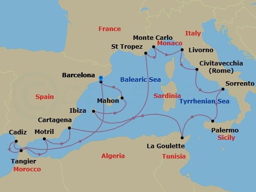 17 Night - An Extended Journey Through Architectural Wonders & Spectacular Landscapes - EXPLORA I - Starting in Barcelona, Cadiz, Tangier, Motril, Cartagena ES, Saint-Tropez, Monte Carlo, Livorno (Florence), Civitavecchia (Rome), Sorrento, Palermo (Sicily), Tunis / La Goulette, Ibiza, Mahon (Menorca), Barcelona itinerary map