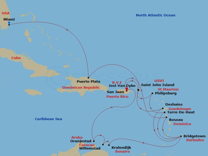 EXPLORA I - 18 Night - An Extended Journey Through Caribbean Echoes, Balmy Breezes & Emerald Landscapes - EXPLORA I - Starting in Miami, Puerto Plata, Dominican Republic,.. itinerary map