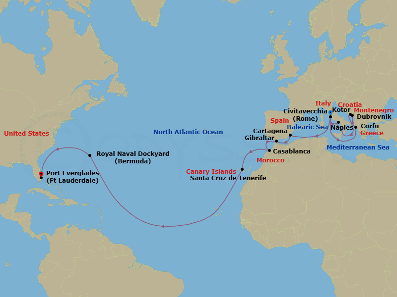 22 Night - Mediterranean, Canary Islands & Moroccan Grand Adventure - Enchanted Princess - Starting in Civitavecchia (for Rome), Italy, Corfu, Greece, Kotor, Montenegro, Dubrovnik, Croatia, Naples, Italy (for Capri and Pompeii), Civitavecchia (for Rome), Italy, Cartagena ES, Gibraltar, Casablanca, Morocco (for Marrakesh), Santa Cruz de Tenerife, Bermuda, Fort Lauderdale, Florida itinerary map