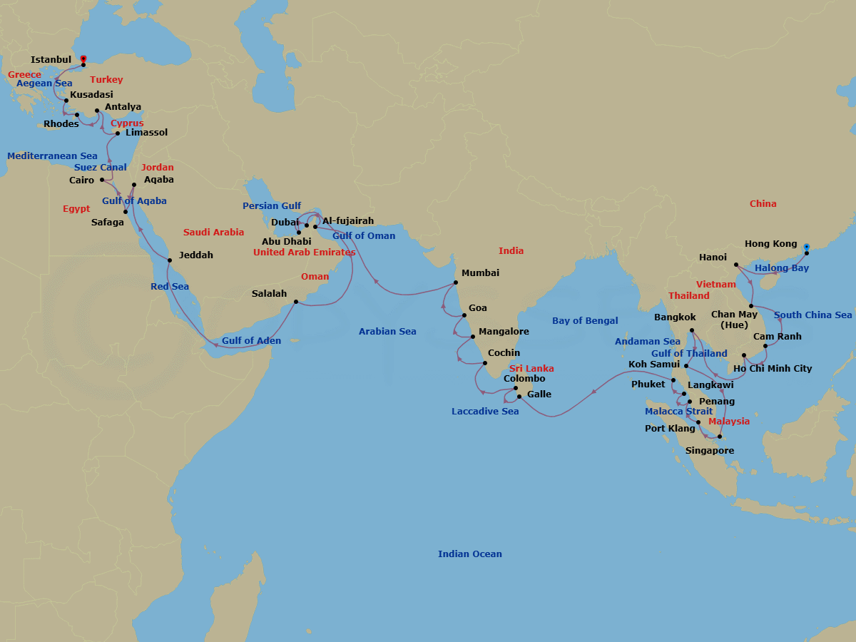 53 Night - Dynasties to Pharaohs - Oceania Nautica - Starting in Hong Kong, Hanoi (Ha Long Bay), Hue (Chan May), Cam Ranh, Saigon (Ho Chi Minh City), Bangkok, Ko Samui, Singapore, Kuala Lumpur (Port Klang), Penang, Langkawi, Phuket, Galle, Colombo, Cochin (Kochi), Mangalore, Goa (Mormugao), Mumbai, Fujairah, Dubai, Abu Dhabi, Salalah, Jeddah, Aqaba, Luxor (Safaga), Suez Canal (Transit), Cairo (Port Said), Limassol, Antalya, Rhodes, Ephesus (Kusadasi), Istanbul itinerary map