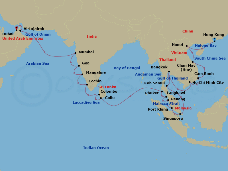 32 Night - Grand Asia Exploration - Oceania Nautica - Starting in Hong Kong, Hanoi (Ha Long Bay), Hue (Chan May), Cam Ranh, Saigon (Ho Chi Minh City), Bangkok, Ko Samui, Singapore, Kuala Lumpur (Port Klang), Penang, Langkawi, Phuket, Galle, Colombo, Cochin (Kochi), Mangalore, Goa (Mormugao), Mumbai, Fujairah, Dubai itinerary map