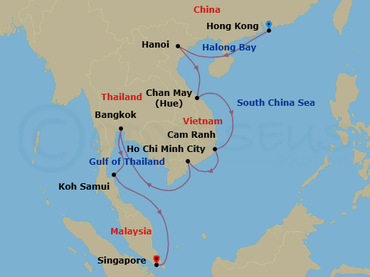 14 Night - Vietnamese Reflections - Oceania Nautica - Starting in Hong Kong, Hanoi (Ha Long Bay), Hue (Chan May), Cam Ranh, Saigon (Ho Chi Minh City), Bangkok, Ko Samui, Singapore itinerary map