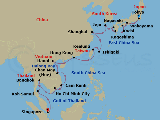 27 Night - Shinto & Zen Retreats - Oceania Nautica - Starting in Tokyo, Wakayama, Kochi, Kagoshima, Nagasaki, Jeju, Shanghai, Ishigaki, Taipei (Keelung), Hong Kong, Hanoi (Ha Long Bay), Hue (Chan May), Cam Ranh, Saigon (Ho Chi Minh City), Bangkok, Ko Samui, Singapore itinerary map