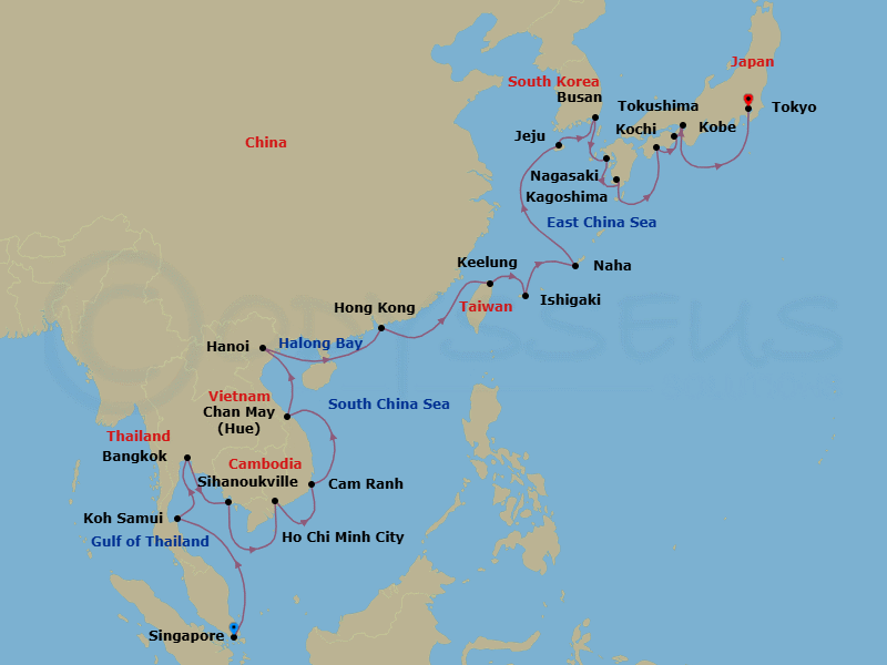 28 Night - Silk Roads to Samurai - Oceania Nautica - Starting in Singapore, Ko Samui, Bangkok, Sihanoukville, Saigon (Ho Chi Minh City), Cam Ranh, Hue (Chan May), Hanoi (Ha Long Bay), Hong Kong, Taipei (Keelung), Ishigaki, Okinawa (Naha), Jeju, Busan, Nagasaki, Kagoshima, Kochi, Tokushima, Kyoto (Kobe), Tokyo itinerary map