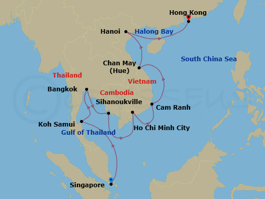 14 Night - Golden Peninsulas - Oceania Nautica - Starting in Singapore, Ko Samui, Bangkok, Sihanoukville, Saigon (Ho Chi Minh City), Cam Ranh, Hue (Chan May), Hanoi (Ha Long Bay), Hong Kong itinerary map