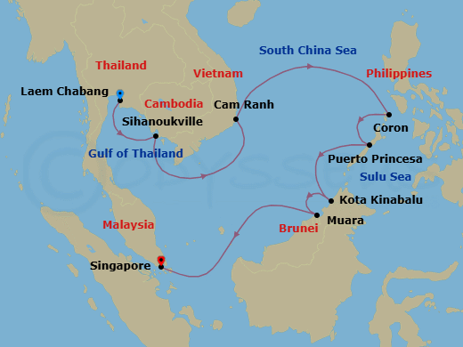 11 Night - Uncharted Southeast Asia - Oceania Nautica - Starting in Bangkok (Laem Chabang), Sihanoukville, Cam Ranh, Coron, Puerto Princesa, Kota Kinabalu (Borneo), Muara, Singapore itinerary map