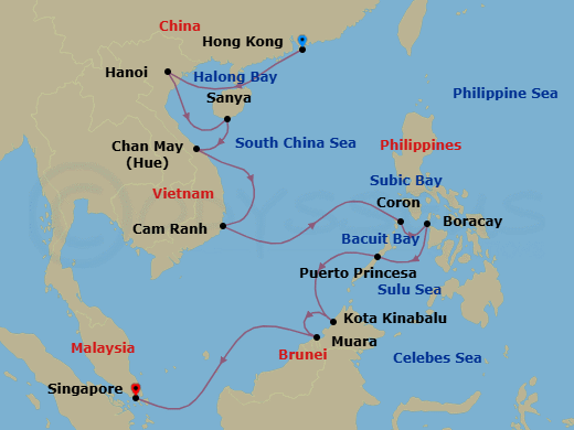15 Night - Legends of Jade - Oceania Nautica - Starting in Hong Kong, Hanoi (Ha Long Bay), Sanya, Hue (Chan May), Cam Ranh, Coron, Boracay Island, Puerto Princesa, Kota Kinabalu (Borneo), Muara, Singapore itinerary map