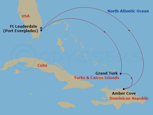 5 Night - Caribbean Getaway with Grand Turk - Island Princess - Starting in Fort Lauderdale, Florida, Grand Turk, Turks and Caicos, Amber Cove, Dominican Republic, Fort Lauderdale, Florida itinerary map