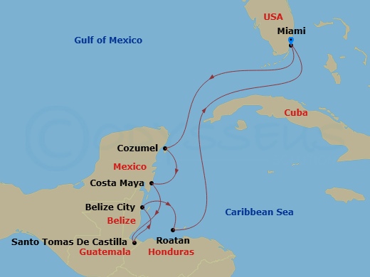 EXPLORA I - 8 Night - A Journey Into Tropical Idylls & Mayan Mystery - EXPLORA I - Starting in Miami, Cozumel, Mexico, Costa Maya, Mexico, Santo Tomas, Belize City, Roata.. itinerary map