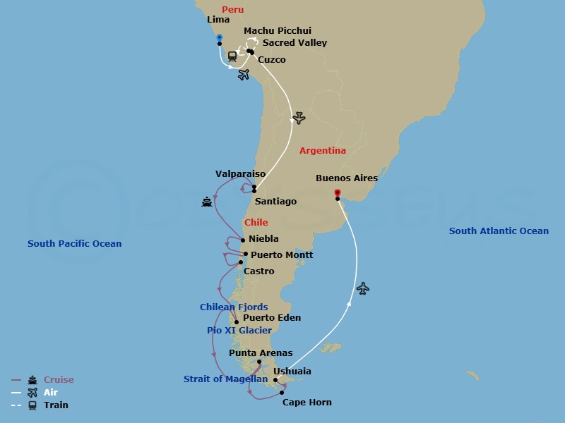 25 Night - Peru, Amazon & the Chilean Fjords Expedition - Cruise & Land Journey - Scenic Eclipse - Starting in Lima, Lima / Amazon, Amazon, Amazon / Sacred Valley, Sacred Valley, Sacred Valley / Machu Picchu, Machu Picchu / Cuzco, Cuzco, Cuzco / Santiago, Santiago / Valparaiso, Niebla, Chile, Puerto Montt, Chile, Castro, Isla Chiloe, Chile, Puerto Eden / Pio XI Glacier (Inner Fjords), Cruising Strait of Magellan, Punta Arenas, Chile, Chilean Fjords, Cape Horn, Chile, Ushuaia / Buenos Aires itinerary map