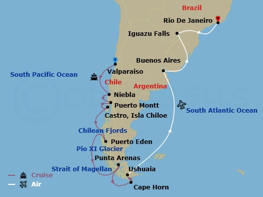 21 Night - Treasures of South America with Chilean Fjords - Cruise & Land Journey - Scenic Eclipse - Starting in Valparaiso, Chile, Niebla, Chile, Puerto Montt, Chile, Castro, Isla Chiloe, Chile, Puerto Eden / Pio XI Glacier (Inner Fjords), Cruising Strait of Magellan, Punta Arenas, Chile, Chilean Fjords, Cape Horn, Chile, Ushuaia, Argentina, Buenos Aires, Buenos Aires / Iguazu, Iguazu Falls, Iguazu Falls / Rio de Janeiro, Rio De Janeiro itinerary map