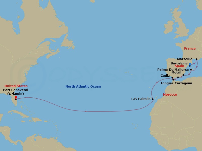 16 Night - Repo - Transatlantic - Norwegian Escape - Starting in Barcelona, Spain, Provence, Marseille, France, Palma Majorca, Spain, Cartagena ES, Spain, Motril, Spain, Cadiz / Seville, Spain, Tangier, Morocco, Las Palmas Gran Canaria, Spain, Orlando Beaches / Port Canaveral, Fl itinerary map