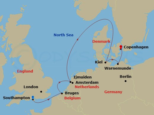 10 Night - Tower of London & Garden of England Pre Cruisetour - Norwegian Sun Tours - Starting in At Hotel, London (Southampton), United Kingdom, Zeebrugge / Brussels / Brugge, Belgium, Amsterdam / Ijmuiden, Netherlands, Hamburg (Kiel), Germany, Warnemunde / Berlin, Germany, Copenhagen, Denmark itinerary map