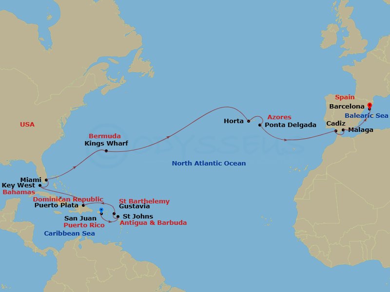 EXPLORA II - 23 Night - A Grand Journey from Caribbean Delights to Iberian Spectacle - EXPLORA II - Starting in San Juan, St Johns AG, Antigua, Gustavia, Puerto Plata, Dom.. itinerary map