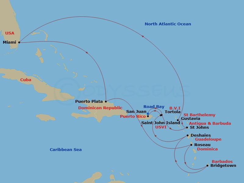 EXPLORA I - 15 Night - A Grand Journey Through Caribbean Serenity and Tropical Treasures - EXPLORA I - Starting in San Juan, Tortola / Road Town, St Johns AG, Antigua, Gu.. itinerary map