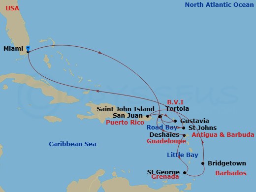 EXPLORA I - 15 Night - An Extended Journey of Fabled Ports, Volcanic Isles and Soft Sands - EXPLORA I - Starting in Miami, St John VI (Cruz Bay), US Virgin Islands, Desha.. itinerary map