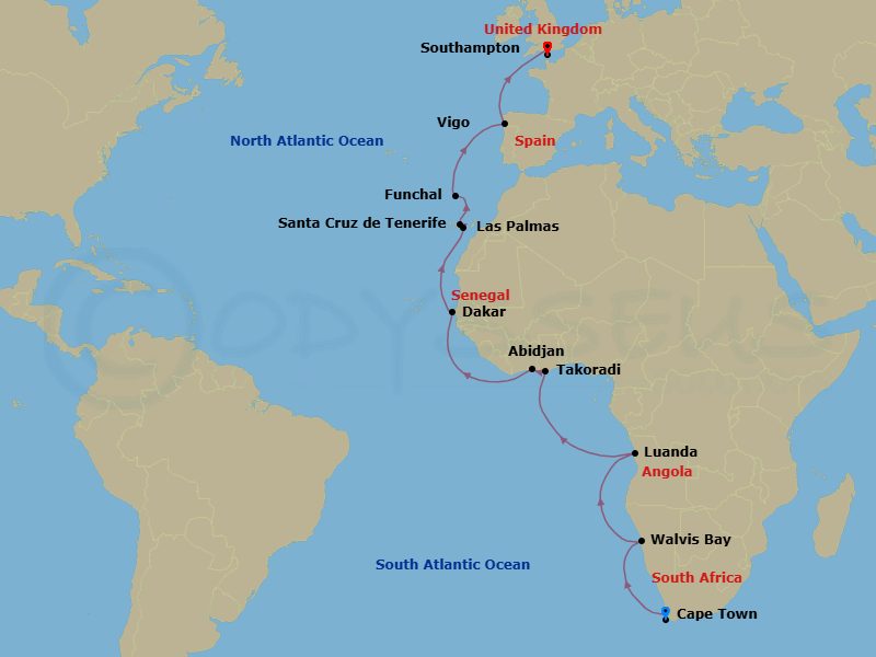 22 Night - Africa-South Africa - Norwegian Sun - Starting in Cape Town, South Africa, Walvis Bay, Namibia, Luanda, Angola, Takoradi, Ghana, Abidjan, Cote Divoire, Dakar, Senegal, Las Palmas Gran Canaria, Spain, Santa Cruz de Tenerife, Funchal, Portugal, Vigo, Spain, London (Southampton), United Kingdom itinerary map