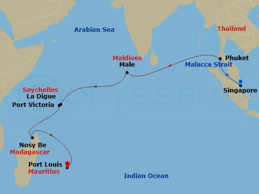 16 Night - Africa-South Africa - Norwegian Sun - Starting in Singapore, Phuket, Thailand, Male, Maldives, Port Victoria, Seychelles, La Digue, Seychelles, Nosy Be, Madagascar, Port Louis, Mauritius itinerary map