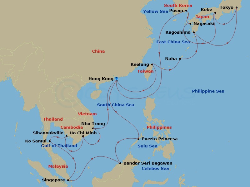 Costa Serena - 29 Night - Far East from Hongkong - Costa Serena - Starting in Hong Kong, Keelung, Taiwan, Okinawa (Naha), Kagoshima, Tokyo, Kobe (Kyoto), Nagasaki, Pusan, Ho.. itinerary map