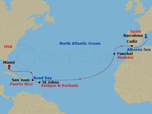 EXPLORA I - 16 Night - A Grand Journey of Lively Culture & Stunning Beaches - EXPLORA I - Starting in Barcelona, Cadiz, Funchal (Madeira), St Johns AG, Antigua, Road Bay,.. itinerary map