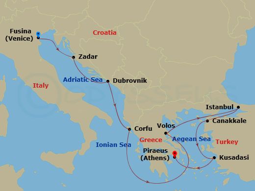 EXPLORA II - 11 Night - A Journey Through Adriatic & Aegean Myths & Marvels - EXPLORA II - Starting in Fusina (Venice), Zadar, Dubrovnik, Croatia, Corfu, Volos, Istanbul,.. itinerary map