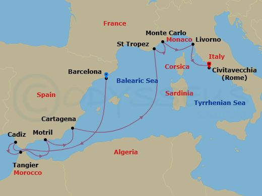 10 Night - A Journey of Unique Architecture Seamlessely Blending Culture & Scenic Beauty - EXPLORA I - Starting in Barcelona, Cadiz, Tangier, Motril, Cartagena ES, Saint-Tropez, Monte Carlo, Livorno (Florence), Civitavecchia (Rome) itinerary map