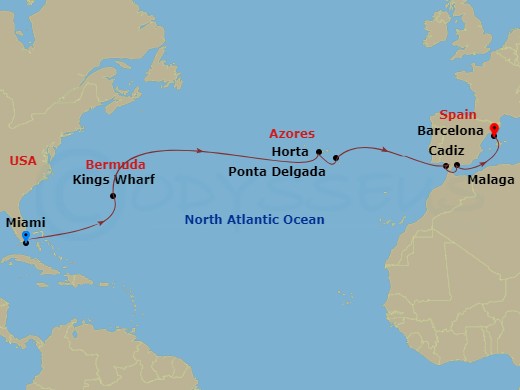 16 Night - A Grand Journey from Miami to Barcelona - EXPLORA II - Starting in Miami, Kings Wharf, Horta, Ponta Delgada (Sao Miguel), Cadiz, Malaga, Spain, Barcelona itinerary map