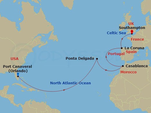 Sky Princess - 15 Night - Moroccan Passage - Sky Princess - Starting in Port Canaveral (Orlando), Florida, Azores Islands (Ponta Delgada), Portugal, Casablanca, Morocco (for.. itinerary map