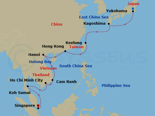 16 Night - Sparkling Asian Seas - Oceania Regatta - Starting in Tokyo (Yokohama), Kagoshima, Taipei (Keelung), Hong Kong, Hanoi (Ha Long Bay), Cam Ranh, Saigon (Ho Chi Minh City), Ko Samui, Singapore itinerary map