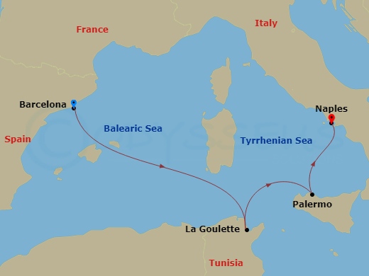 MSC Meraviglia - 4 Night - Mediterranean - MSC Meraviglia - Starting in Barcelona, Spain, La Goulette, Tunisia, Palermo (Monreale), Italy, Naples (Pompeii), Italy itinerary map