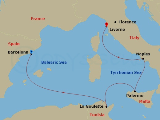 MSC Meraviglia - 5 Night - Mediterranean - MSC Meraviglia - Starting in Barcelona, Spain, La Goulette, Tunisia, Palermo (Monreale), Italy, Naples (Pompeii), Italy, Livorno (Fl.. itinerary map