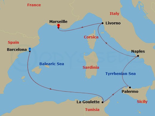 MSC Meraviglia - 6 Night - Mediterranean - MSC Meraviglia - Starting in Barcelona, Spain, La Goulette, Tunisia, Palermo (Monreale), Italy, Naples (Pompeii), Italy, Livorno (Fl.. itinerary map