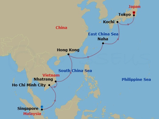 15 Night - Singapore to Tokyo - Silver Muse - Starting in Singapore, Ho Chi Minh City, Nha Trang, Hong Kong, Naha / Okinawa, Kochi, Tokyo itinerary map