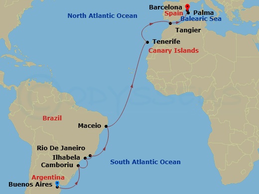 MSC Fantasia - 19 Night - Msc Grand Voyages - MSC Fantasia - Starting in Buenos Aires, Argentina, Camboriu, Brazil, Ilhabela, Brazil, Rio De Janeiro, Brazil, Maceio, Brazil,.. itinerary map
