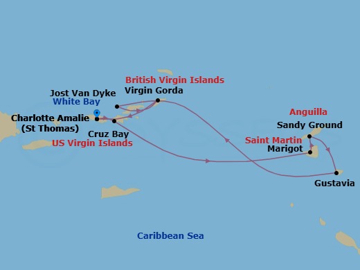 8 Night - Cruise Roundtrip from St Thomas (Charlotte Amalie) - SeaDream II - Starting in Charlotte Amalie, St Thomas, St John VI (Cruz Bay), US Virgin Islands, Marigot, Sandy Ground, Gustavia, White Bay, Jost van Dyke, Spanish Town, Virgin Gorda, Leverick Bay, Virgin Gorda, Charlotte Amalie, St Thomas itinerary map