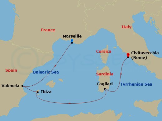 5 Night - Mediterranean - MSC Musica - Starting in Marseille (Provence), France, Valencia, Spain, Ibiza (Balearic Islands), Spain, Cagliari (Sardinia), Italy, Civitavecchia (Rome), Italy itinerary map