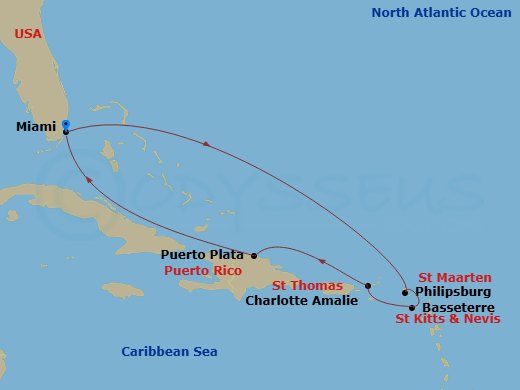 8 Night - Caribbean and Antilles - MSC Seashore - Starting in Miami, Florida, Philipsburg, Saint Martin, Basseterre, St Kitts and Nevis, Charlotte Amalie (St Thomas) Virgin Islands, Puerto Plata, Dominican Republic, Miami, Florida itinerary map