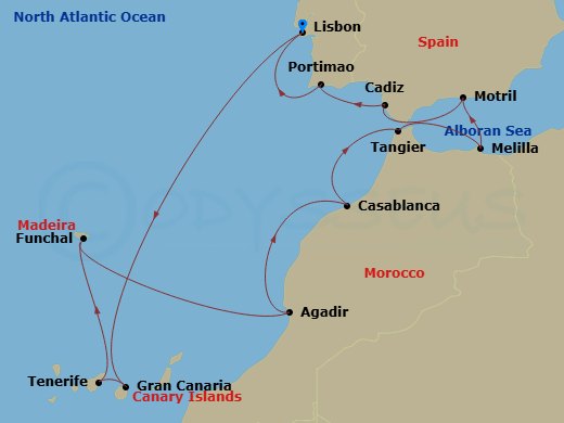 13 Night - Europe - Canary Island - Norwegian Star - Starting in Lisbon, Portugal, Las Palmas Gran Canaria, Spain, Santa Cruz de Tenerife, Funchal, Portugal, Agadir, Morocco, Casablanca, Morocco, Tangier, Morocco, Melilla, Spain, Motril, Spain, Cadiz / Seville, Spain, Portimao, Portugal, Lisbon, Portugal itinerary map