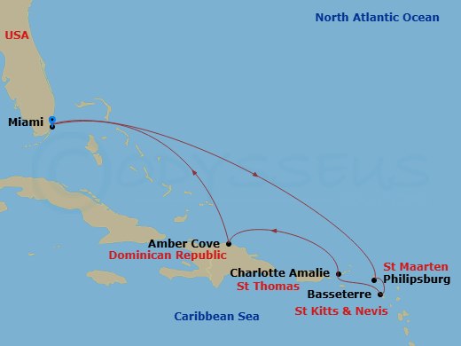 8 Night - Caribbean and Antilles - MSC Meraviglia - Starting in Miami, Florida, Philipsburg, St Maarten, Basseterre, Saint Kitts and Nevis, Charlotte Amalie (St Thomas) Virgin Islands, Amber Cove, Dominican Republic, Miami, Florida itinerary map