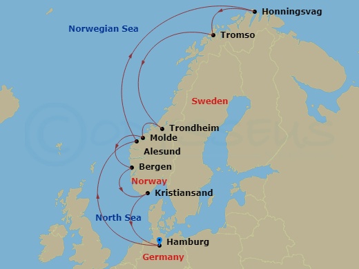 12 Night - Northern Europe - MSC Preziosa - Starting in Hamburg, Germany, Alesund, Norway, Honningsvag (North Cape), Norway, Tromso, Norway, Trondheim, Norway, Molde, Norway, Bergen, Norway, Kristiansand, Norway, Hamburg, Germany itinerary map