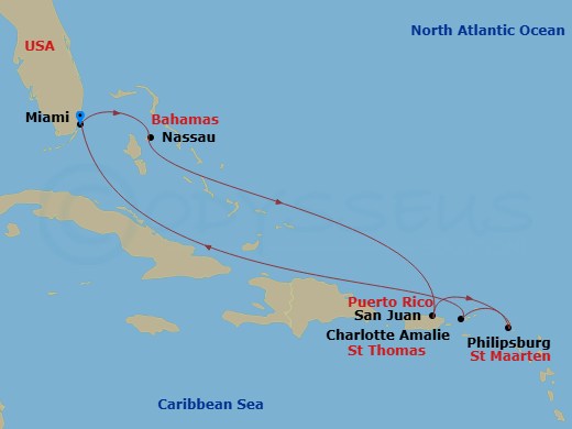 MSC Meraviglia - 8 Night - Caribbean and Antilles - MSC Meraviglia - Starting in Miami, Florida, Nassau, Bahamas, San Juan, Puerto Rico, Philipsburg, Saint Martin, Charlotte A.. itinerary map